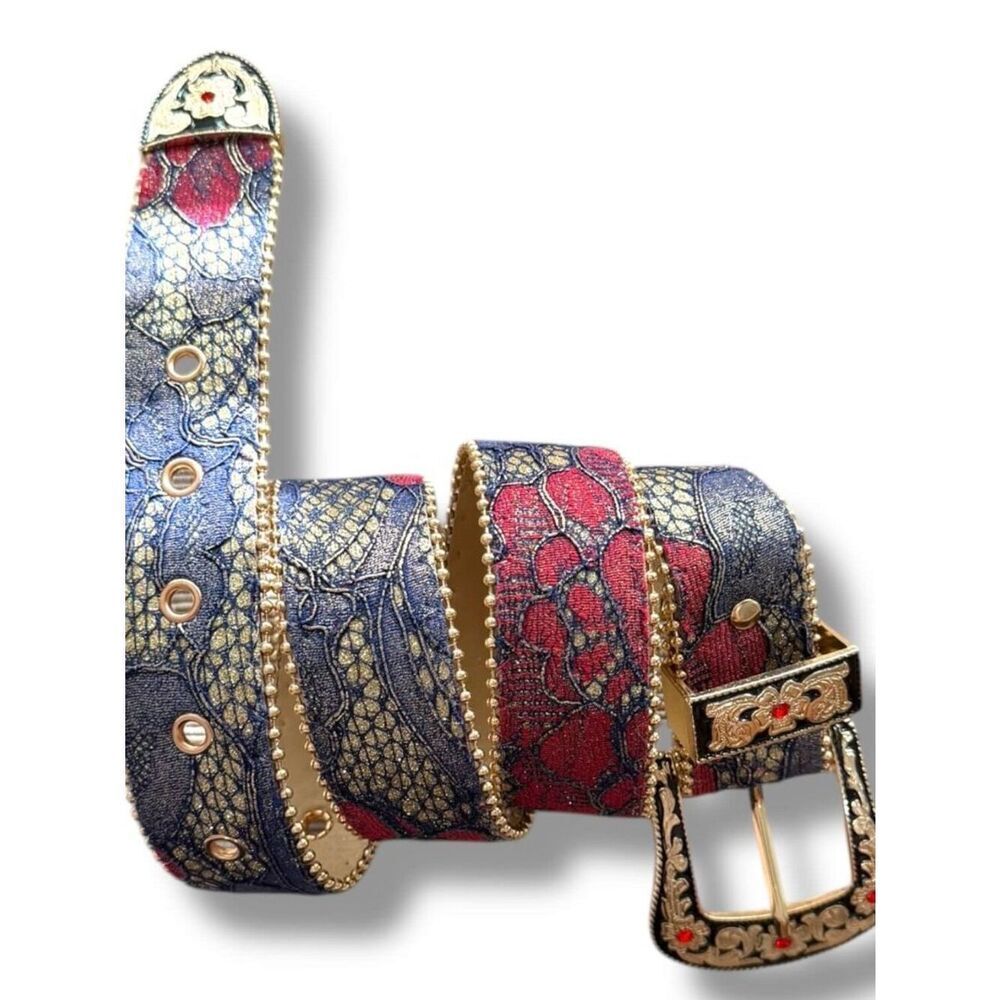 Western Floral Print Belt Red Blue Gold Beaded Trim Enamel Buckle Belt Large NWT
